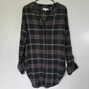 Black Plaid Gauzy Tunic Top Womens L Roll Tab Office Country Casual Daily Thread